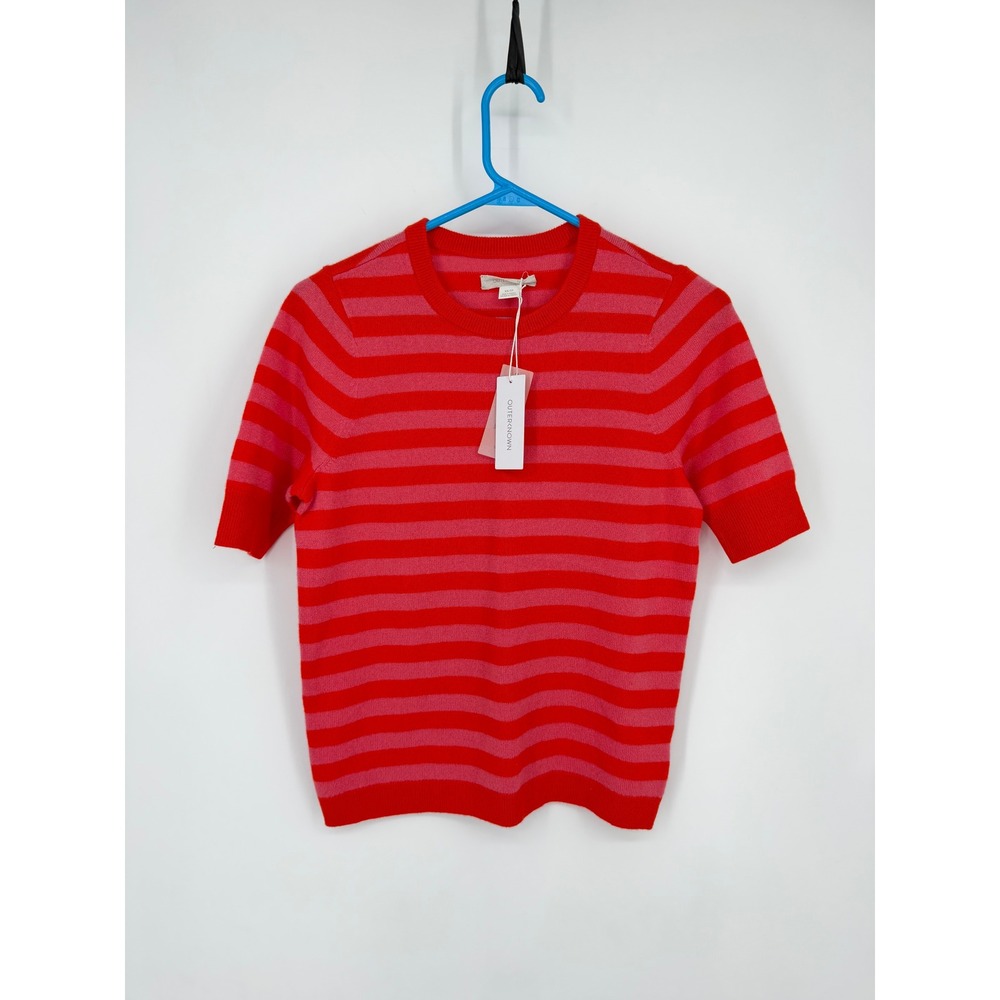 NEW Outerknown Red Pink Stripe 100% Cashmere Short Sleeve Sweater XS 2450002 - Picture 3 of 15